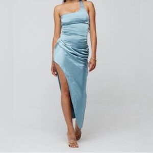RESA One-Shoulder Satin Dress in Light Blue